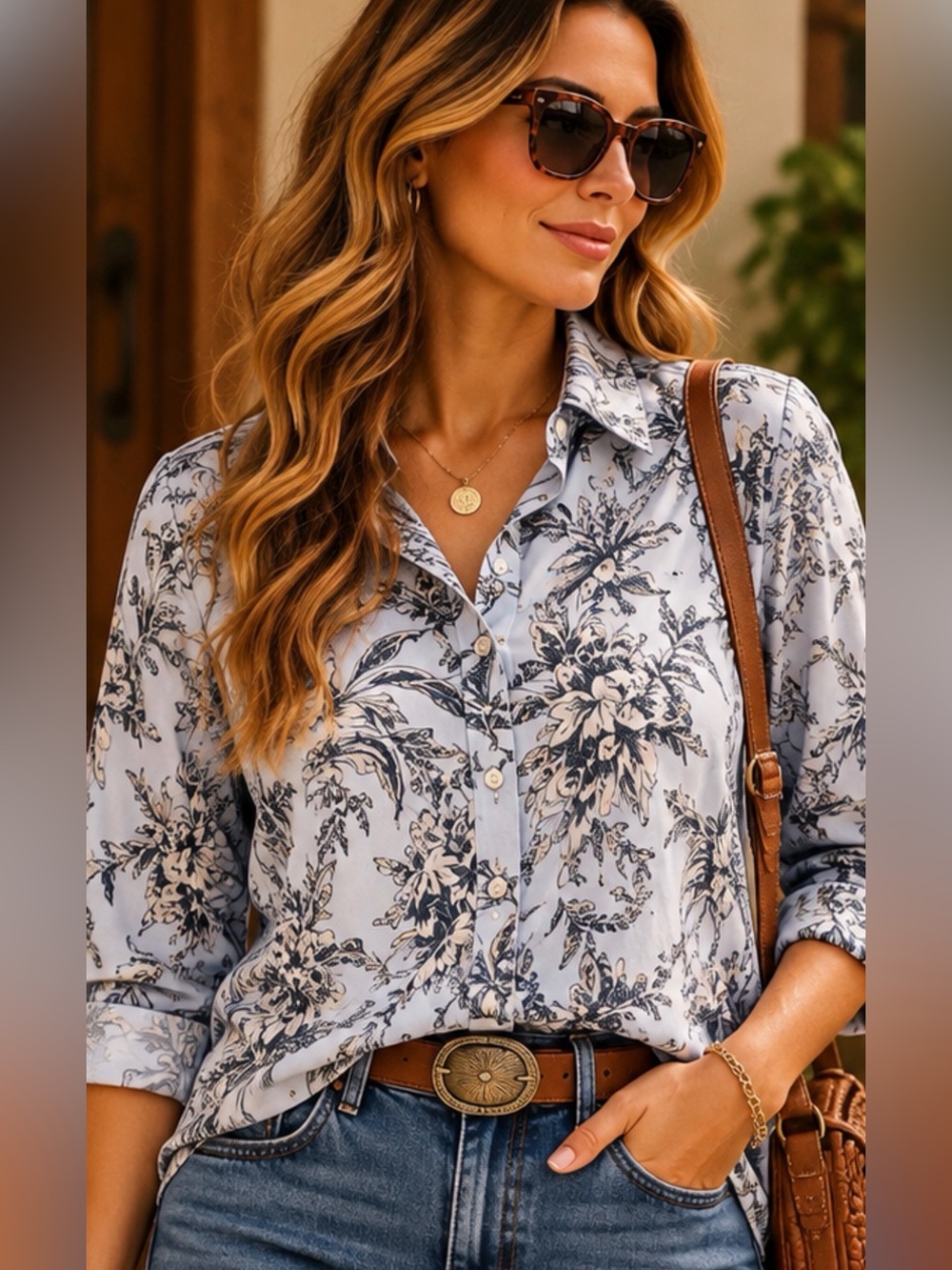 Talbots Plus 22W Blue Botanical Floral Cotton Non Iron Button Down Shirt